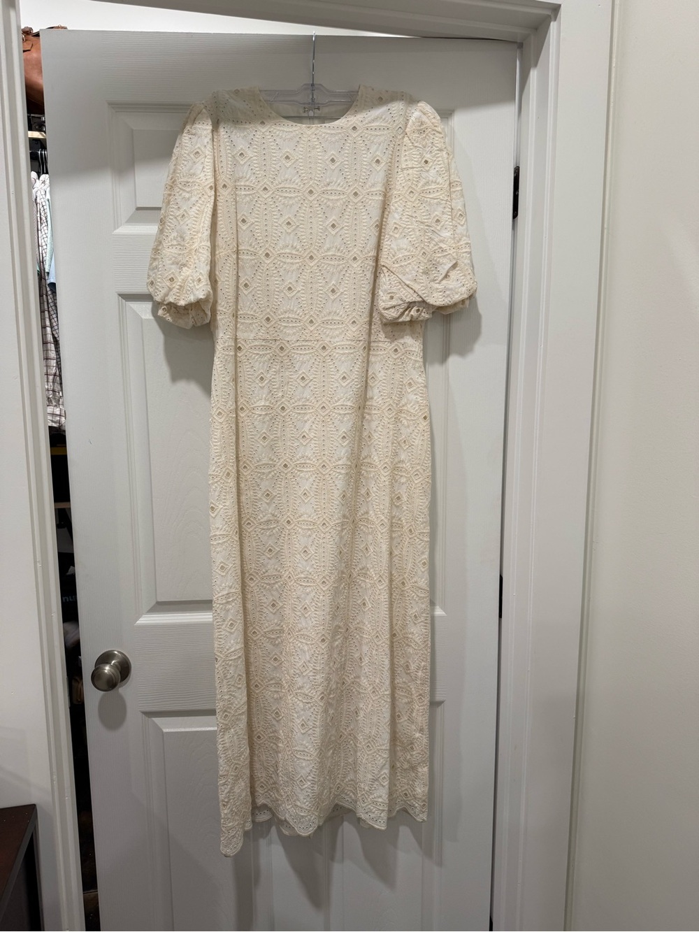 Puff-Sleeve Crochet Midi Dress in Cream